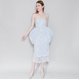 640. CALVIN LUO Blue Lace Overlay Strapless Peplum Dress M